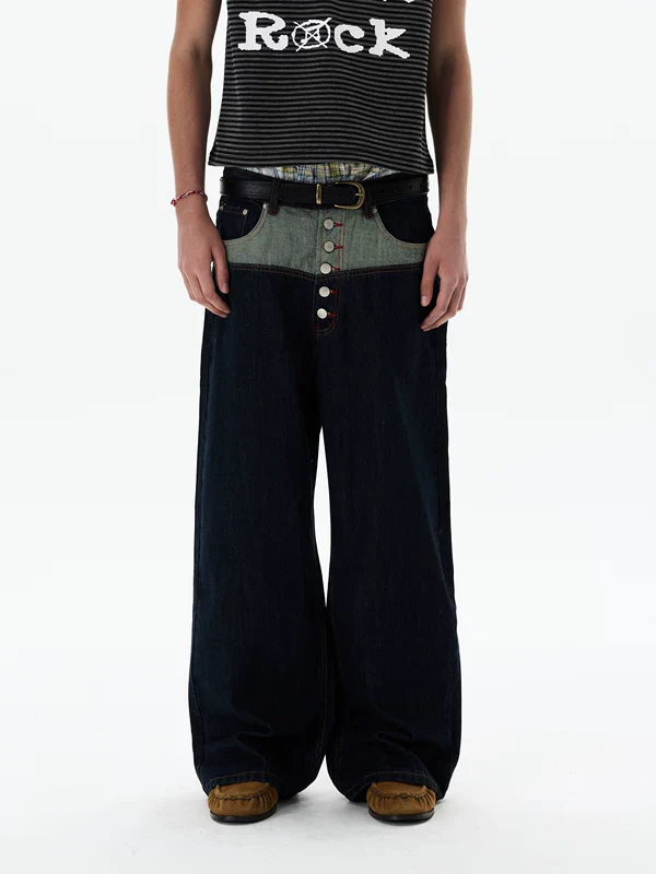 Patchwork Button Fly Wide Leg Jeans - Image 2
