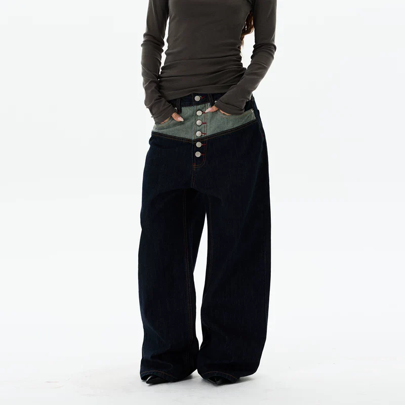 Patchwork Button Fly Wide Leg Jeans - Image 3