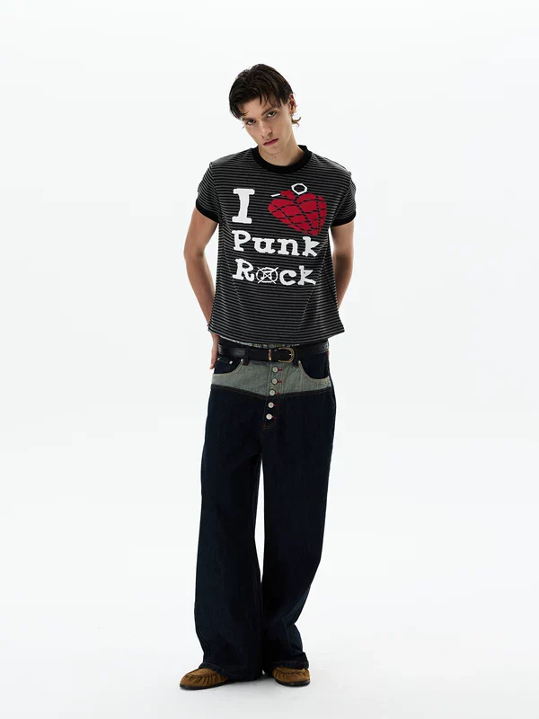 Patchwork Button Fly Wide Leg Jeans - Image 6