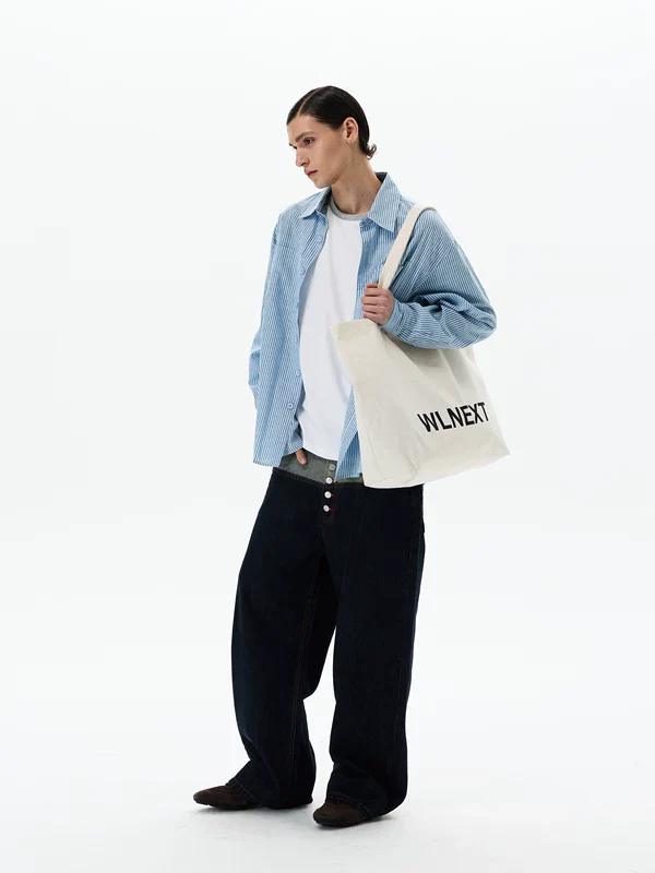 Patchwork Button Fly Wide Leg Jeans - Image 7
