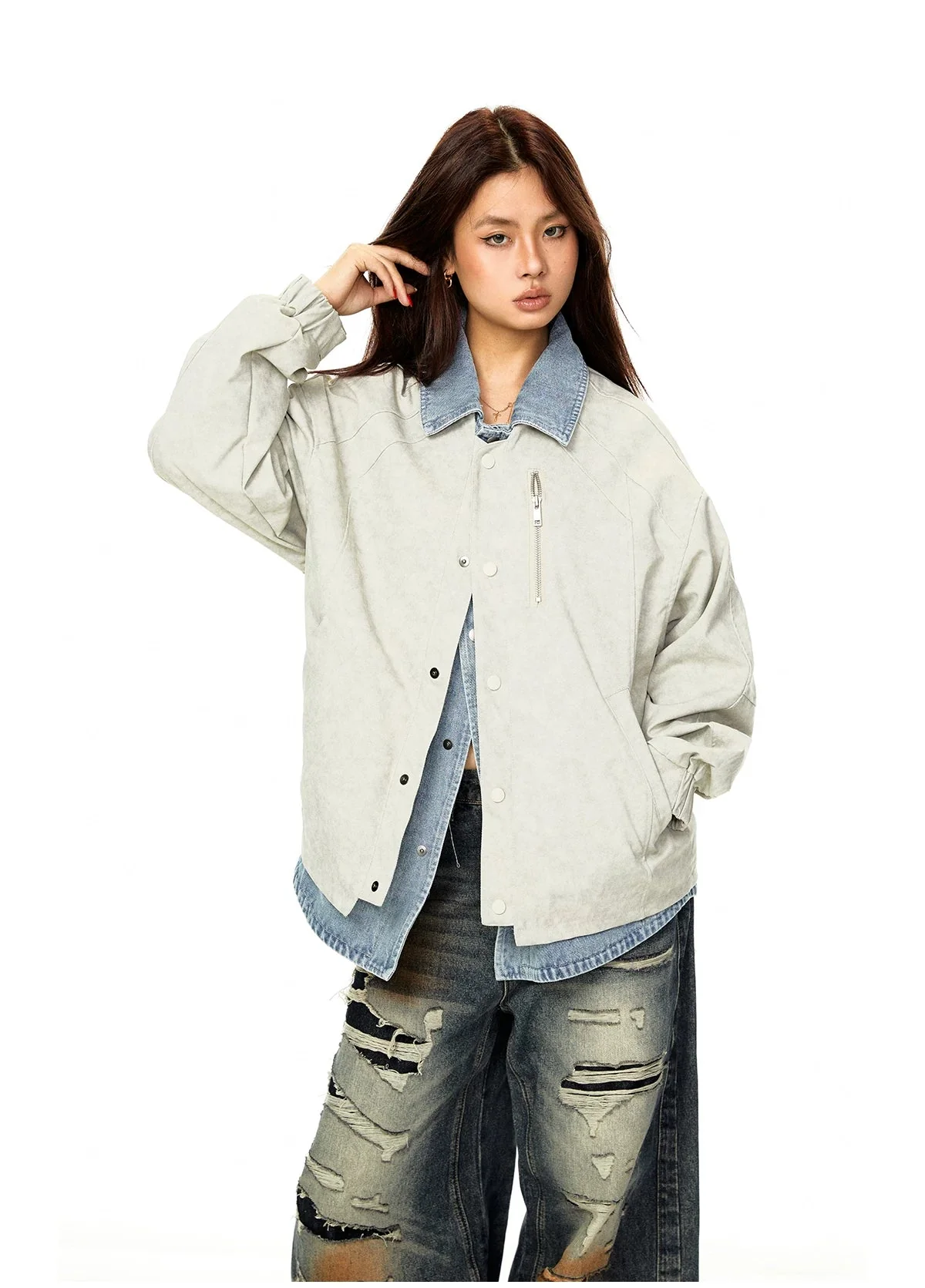Patchwork Denim Layered Casual Jacket - Image 7