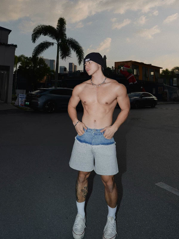 Patchwork Denim Sweat Shorts - Image 3