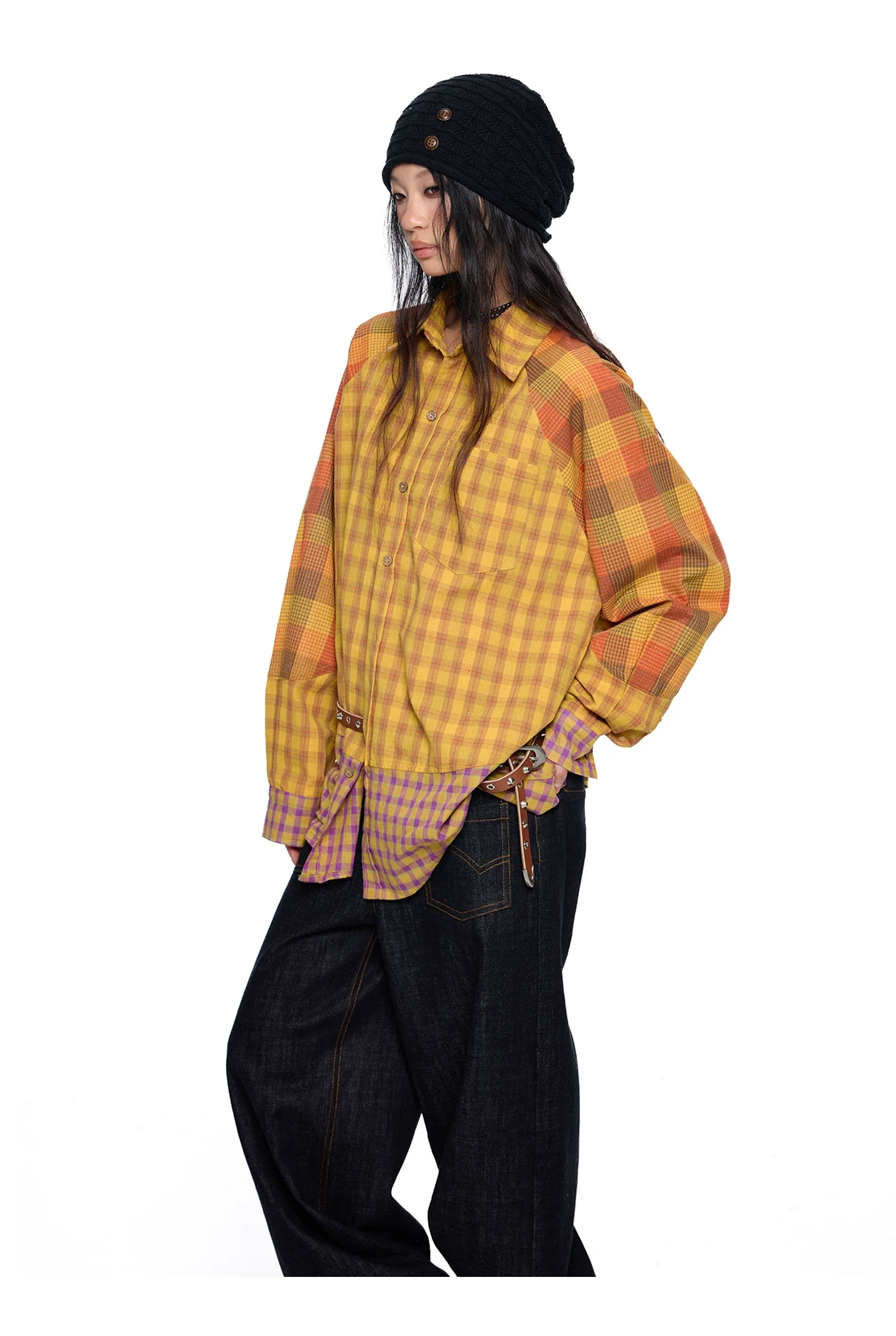 Patchwork Plaid Button-Up Shirt - Image 3