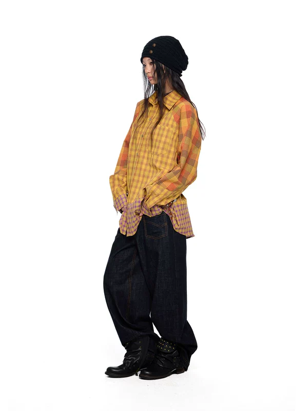 Patchwork Plaid Button-Up Shirt - Image 6