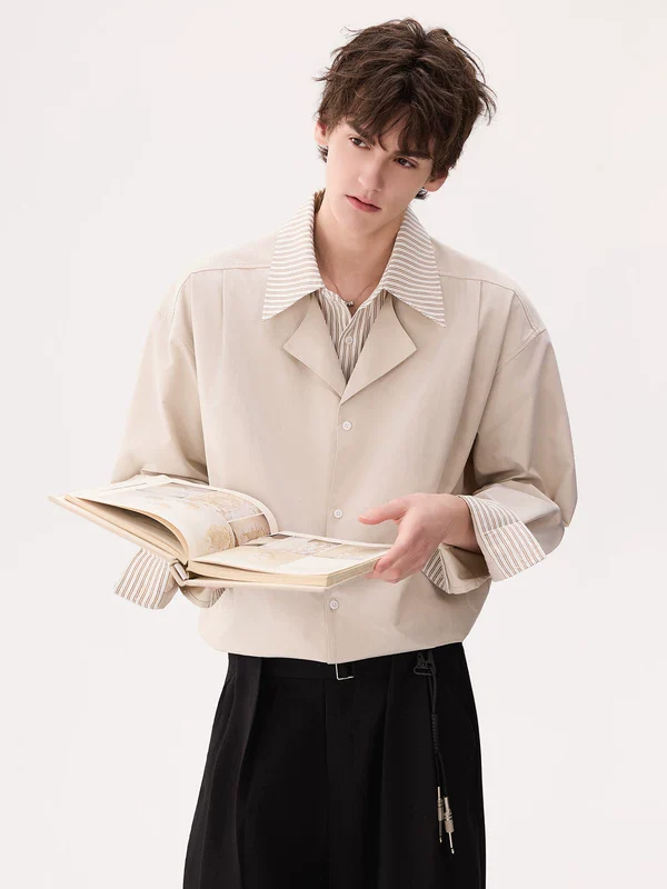Patchwork Striped Lapel Long Sleeve Shirt - Image 2