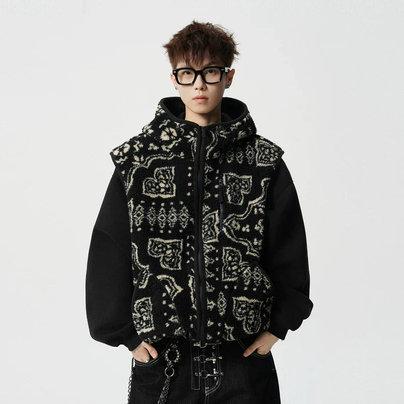 Patterned Fleece Hooded Zip Vest