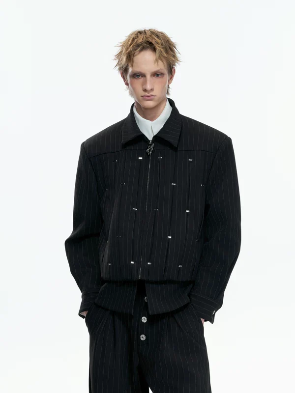 Metallic Studs Pinstripe Zip Jacket
