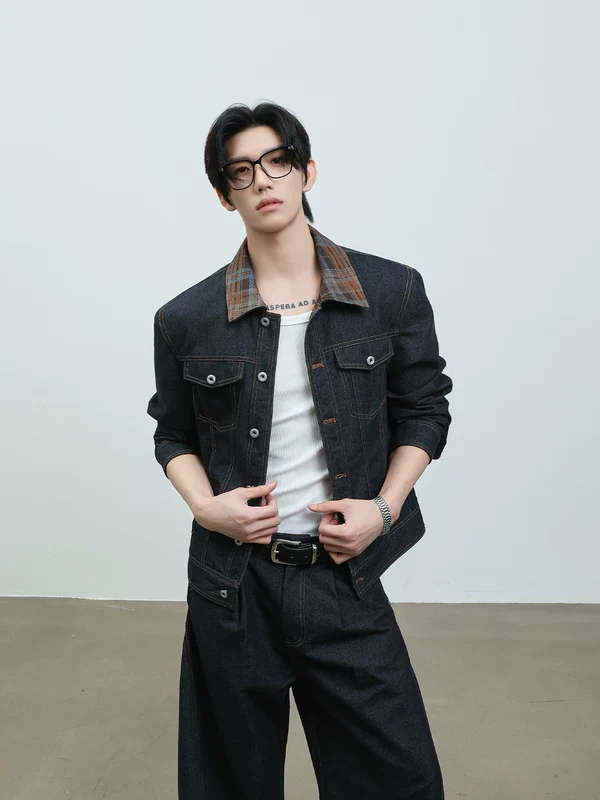 Plaid Collar Denim Jacket and Wide Pants - Image 4