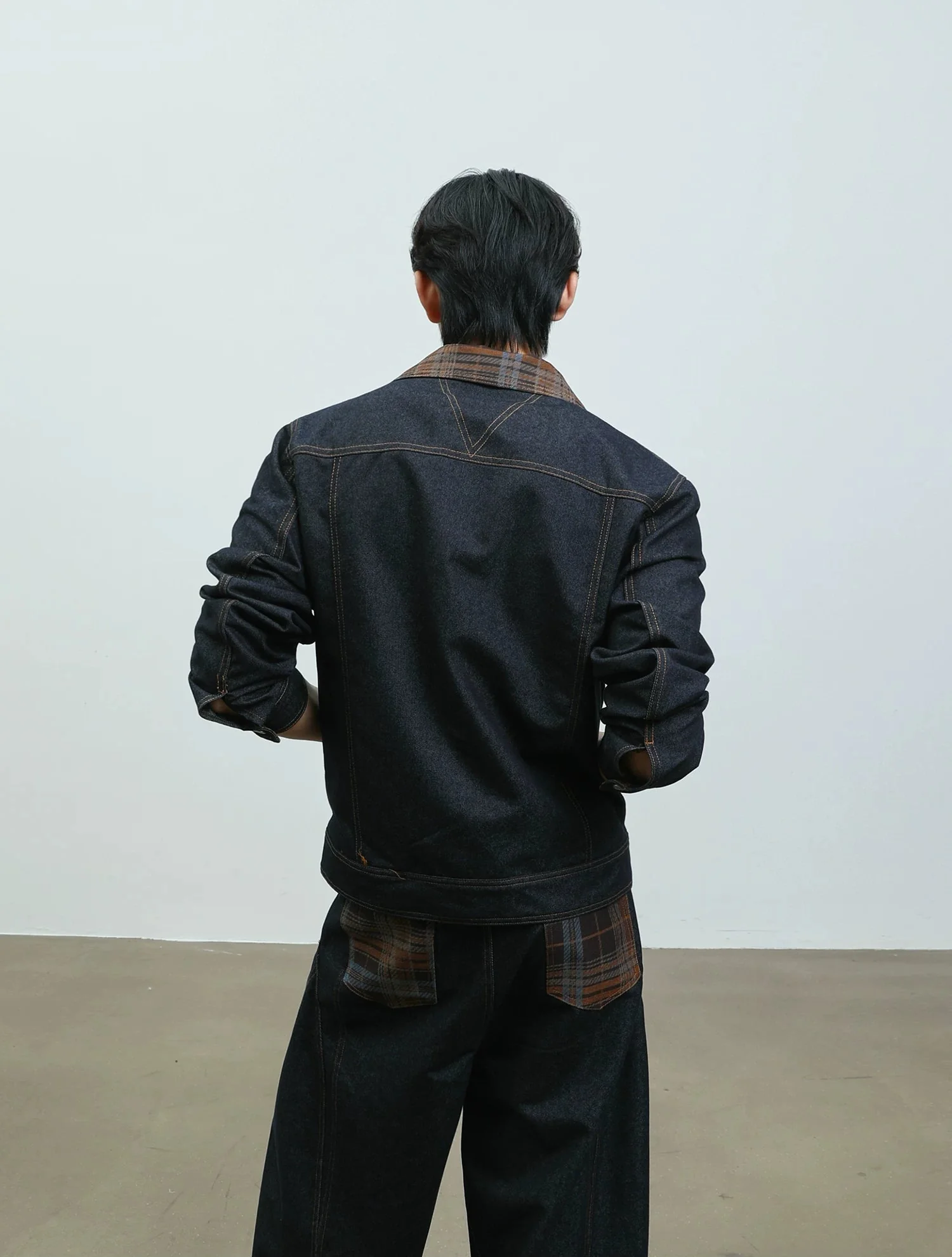 Plaid Collar Denim Jacket and Wide Pants - Image 6