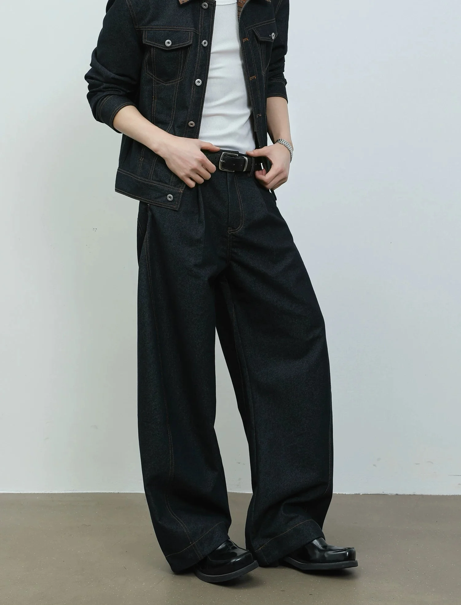 Plaid Collar Denim Jacket and Wide Pants - Image 7