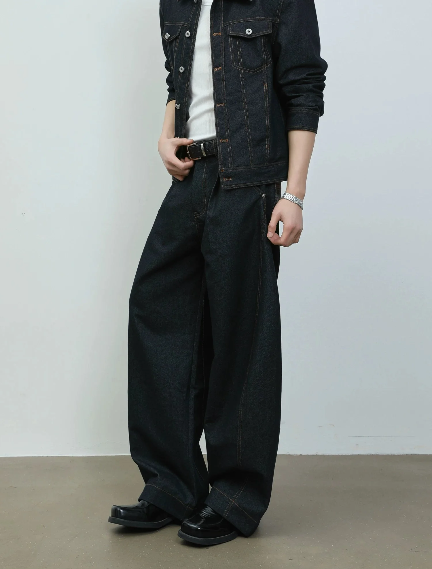Plaid Collar Denim Jacket and Wide Pants - Image 8