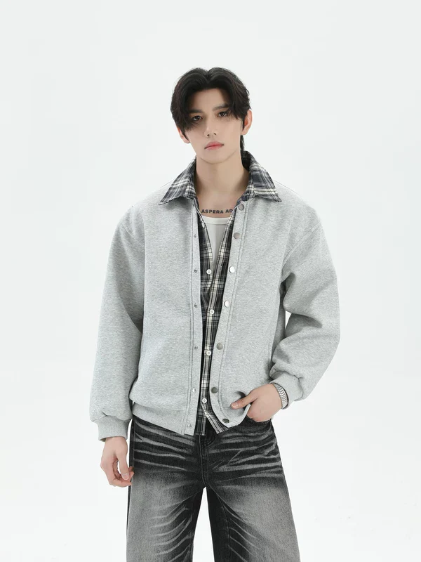 Plaid Collar Faux Layered Casual Jacket - Image 2