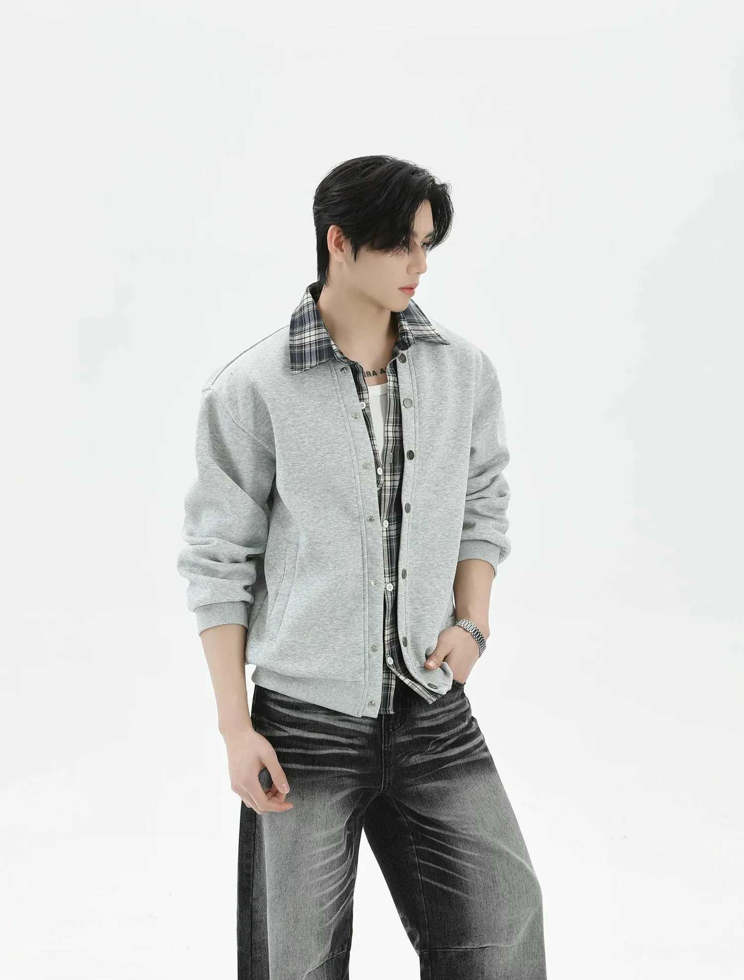 Plaid Collar Faux Layered Casual Jacket - Image 5