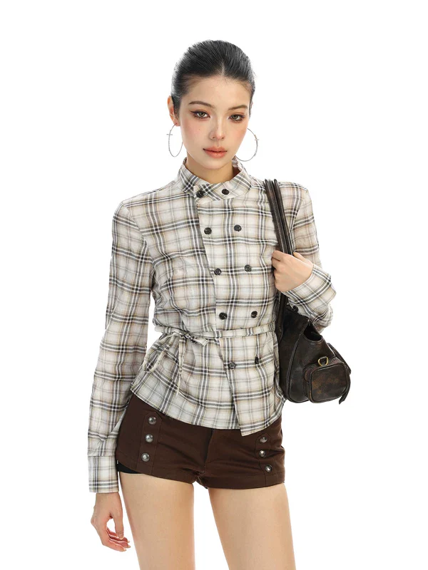 Plaid Double-Breasted Belted Long Sleeve Shirt - Image 3