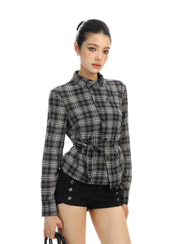 Plaid Double-Breasted Belted Long Sleeve Shirt - Image 4