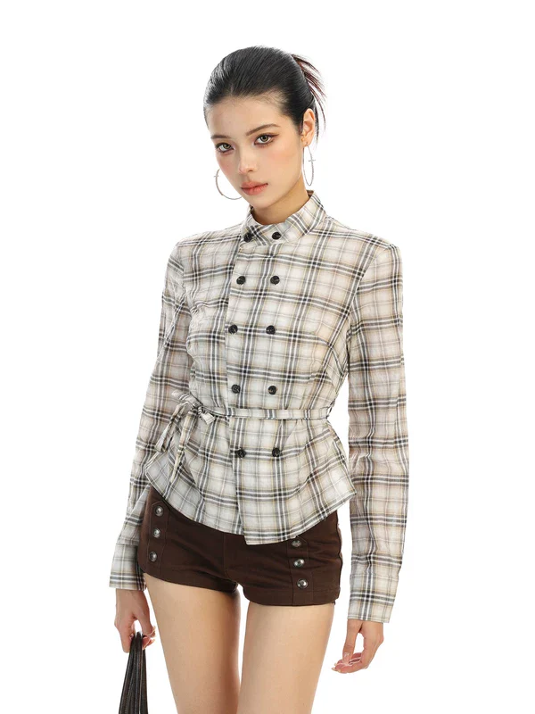 Plaid Double-Breasted Belted Long Sleeve Shirt - Image 5