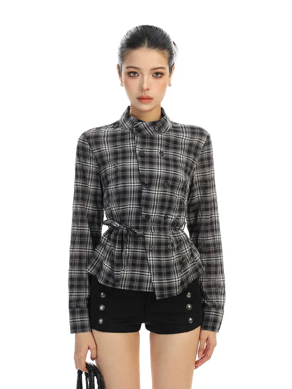 Plaid Double-Breasted Belted Long Sleeve Shirt - Image 6