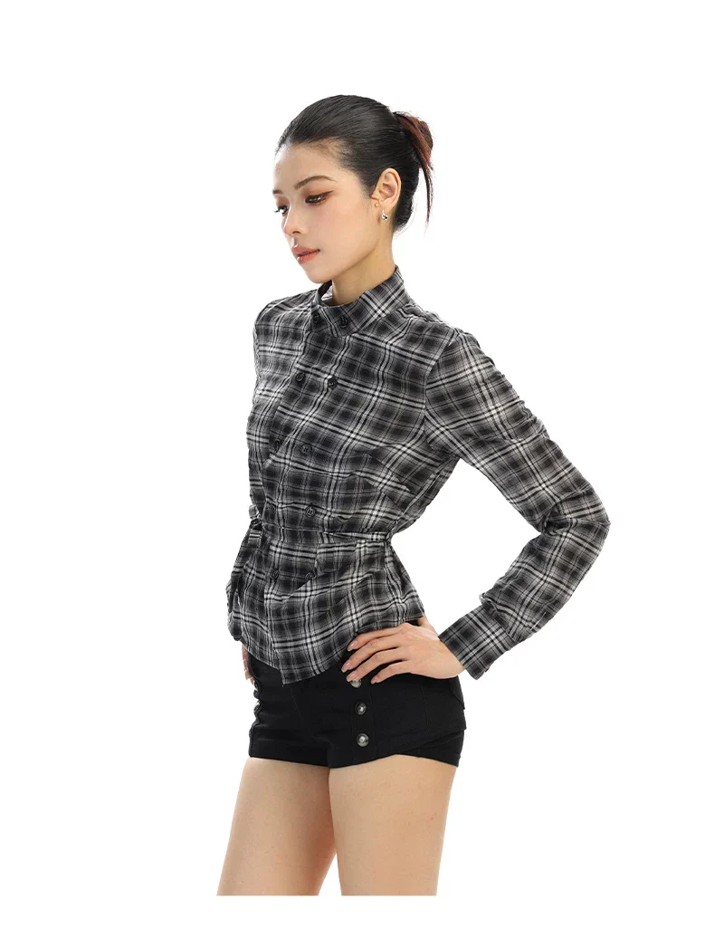 Plaid Double-Breasted Belted Long Sleeve Shirt - Image 8