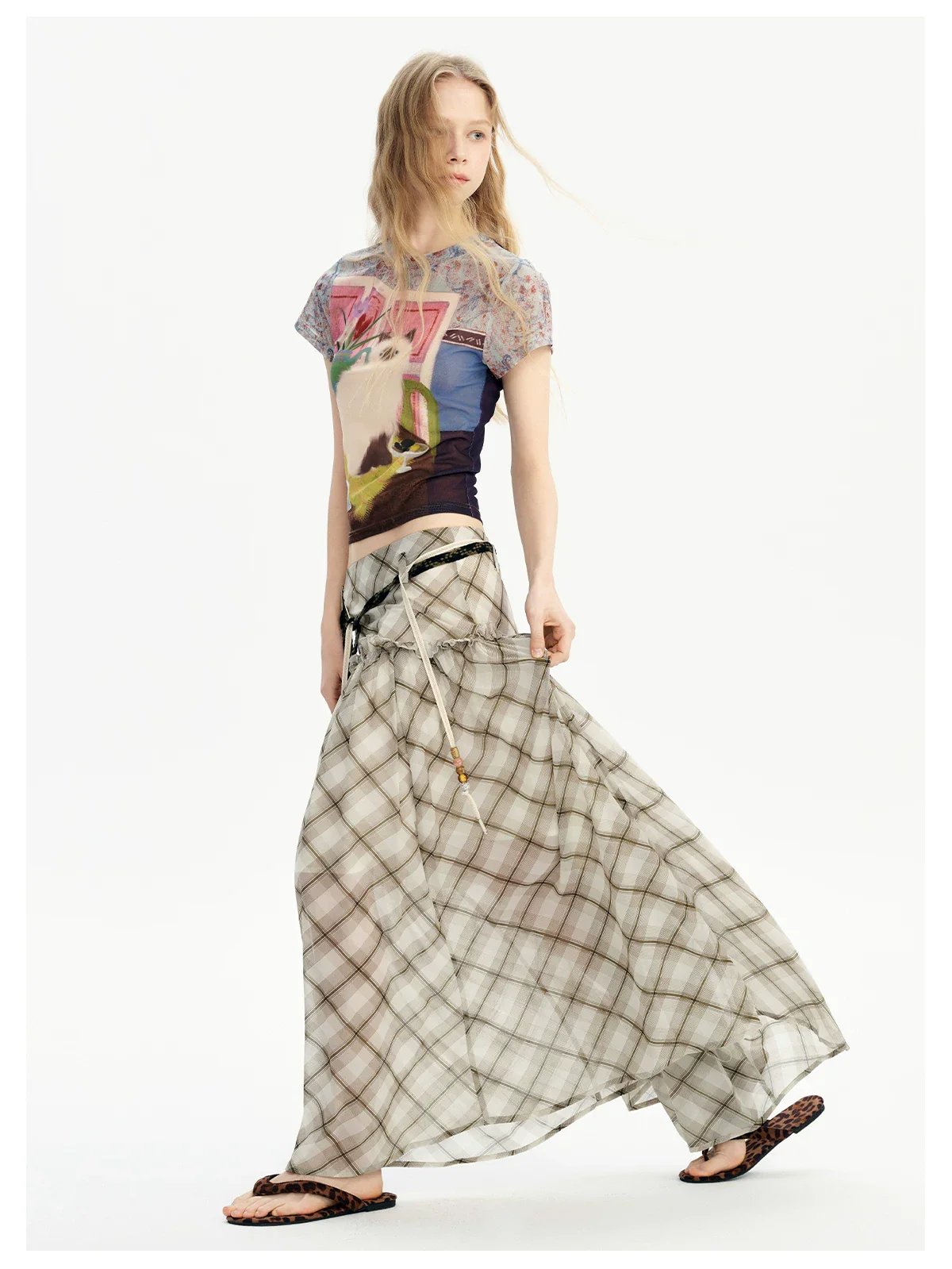 Plaid Drawstring Lightweight Maxi Skirt - Image 6