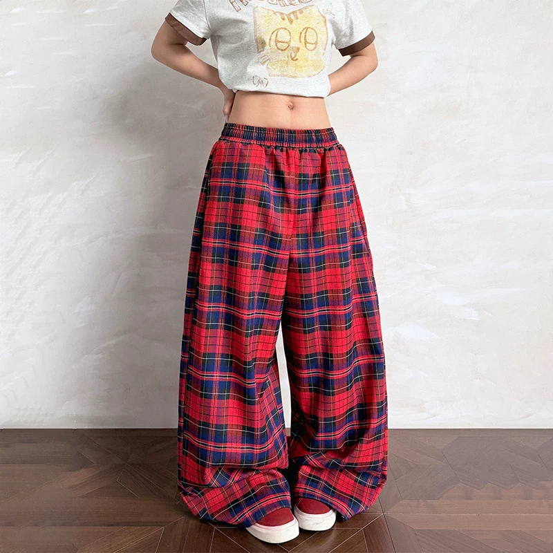 Plaid Elastic Waist Wide Leg Casual Pants