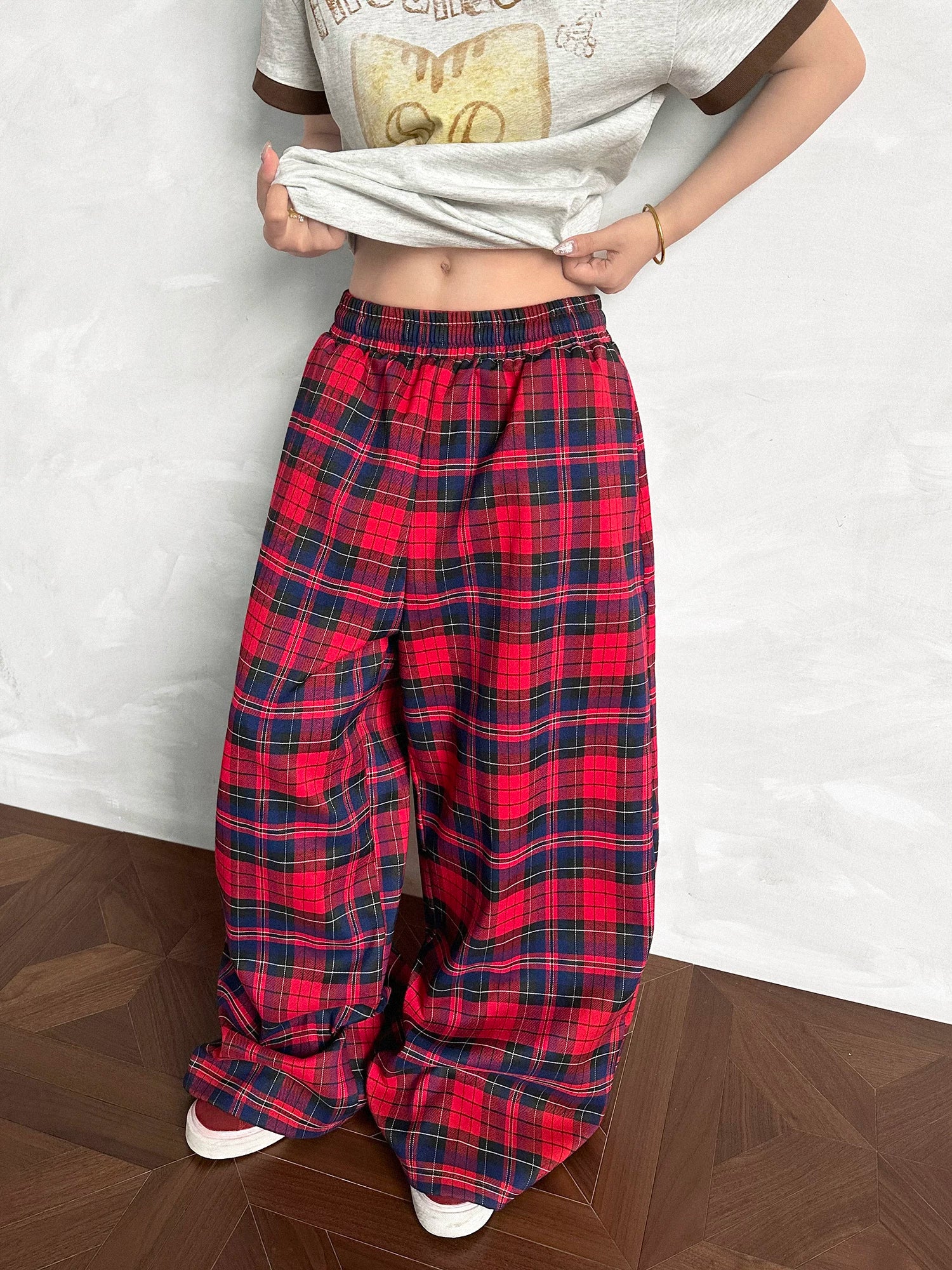 Plaid Elastic Waist Wide Leg Casual Pants - Image 6
