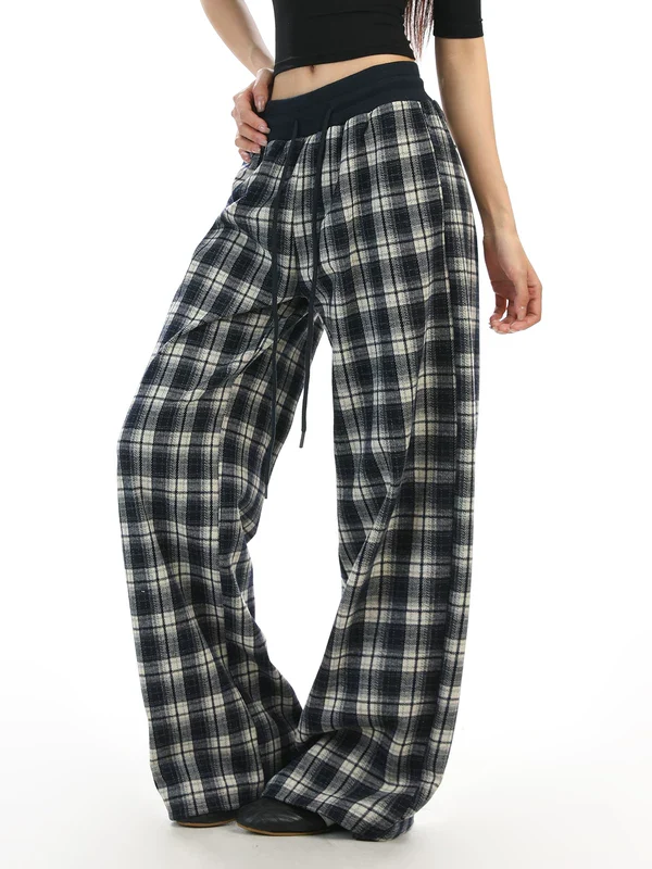 Plaid Elastic Waist Wide Leg Pants