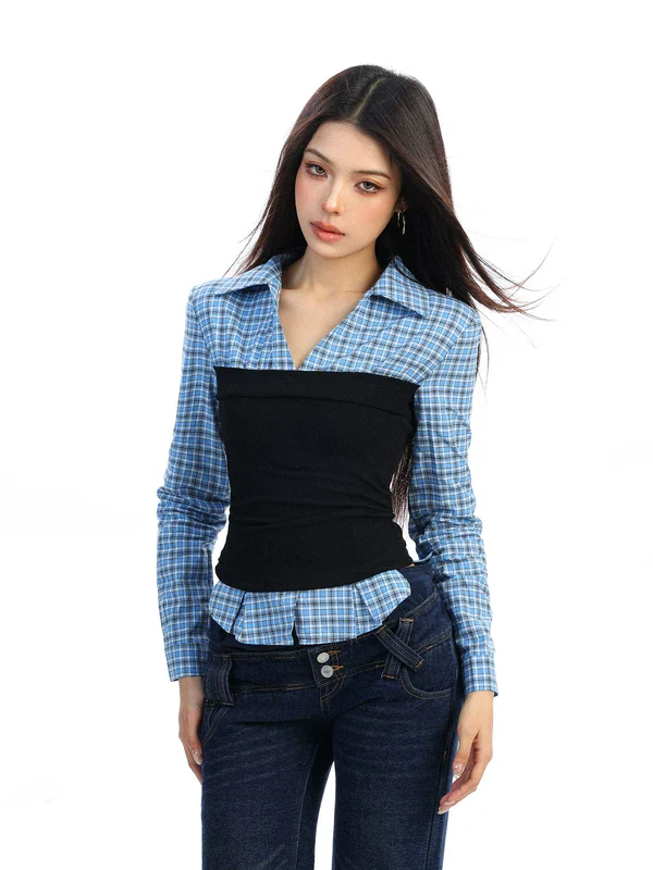 Plaid Faux Two-Piece Cinched Waist Shirt - Image 3