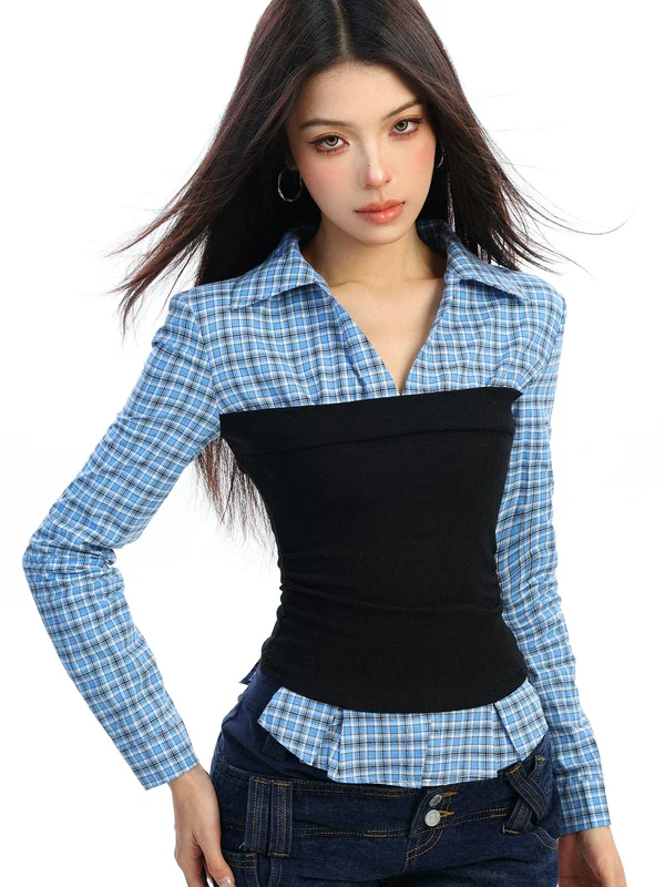 Plaid Faux Two-Piece Cinched Waist Shirt - Image 4