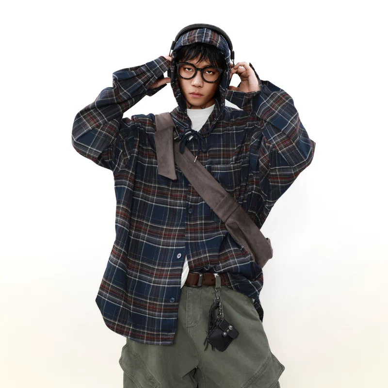 Plaid Hooded Button-Up Oversized Shirt - Image 3