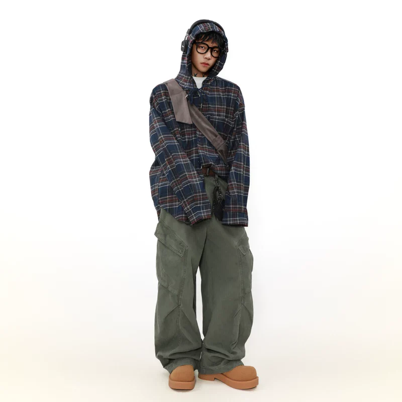 Plaid Hooded Button-Up Oversized Shirt - Image 6