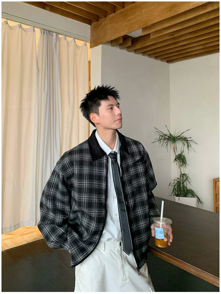 Plaid Lapel Zip-Up Spring Jacket - Image 2