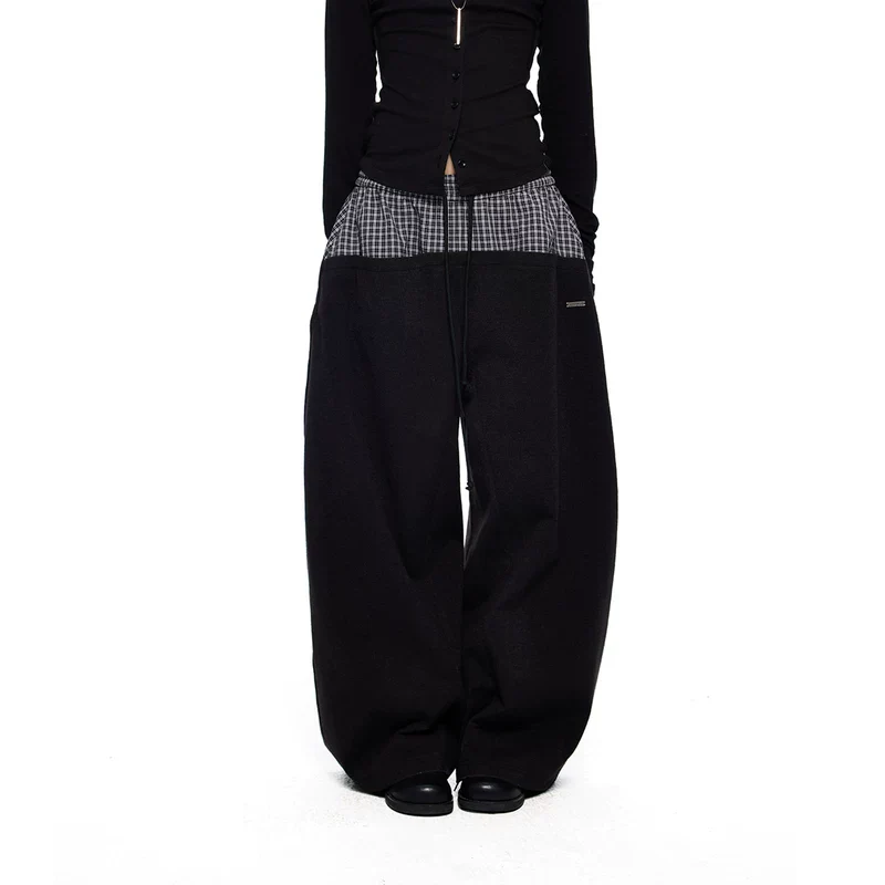 Plaid Patchwork Wide-Leg Drawstring Pants