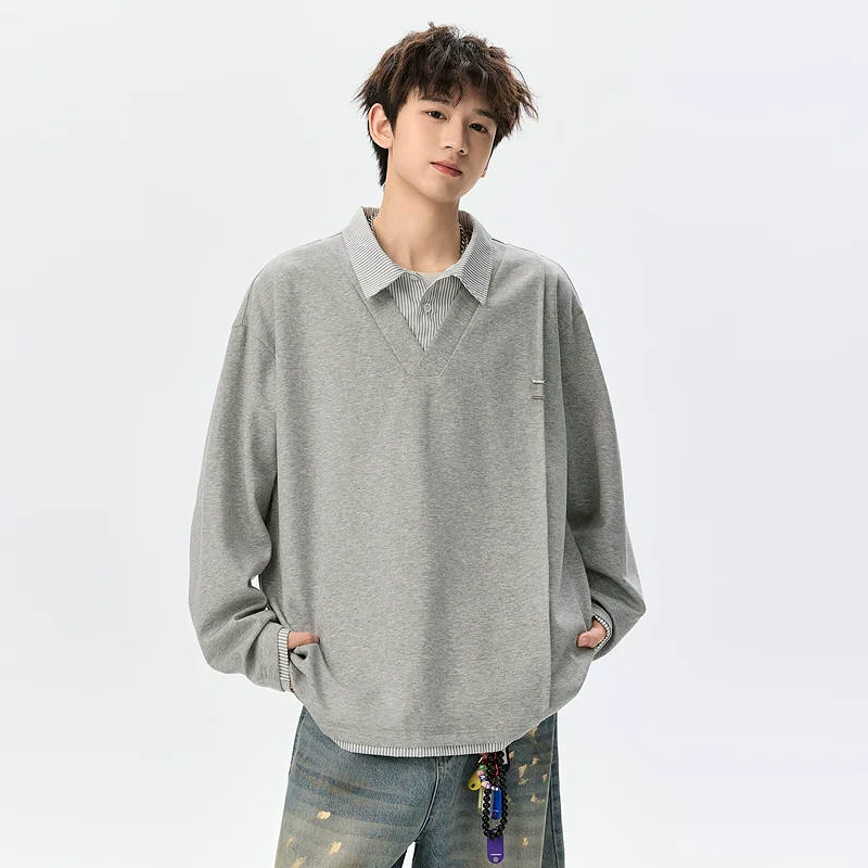 Plaid Splice Lapel Loose Polo Sweatshirt - Image 4