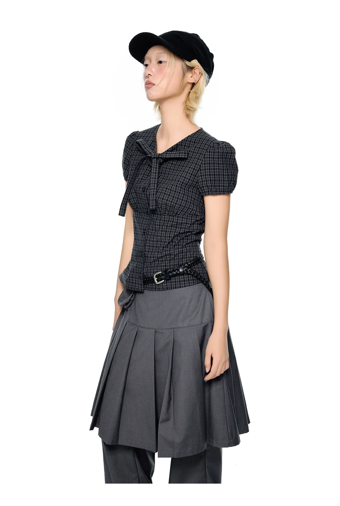 Plaid Tie-Waist Puff Sleeve T-Shirt - Image 2