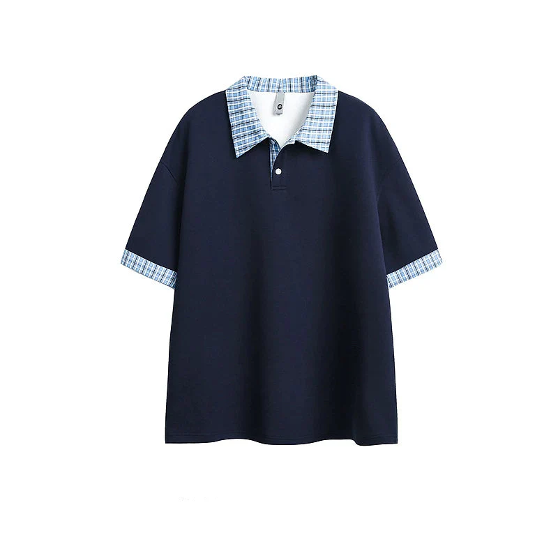 Plaid Trim Patchwork Polo Shirt