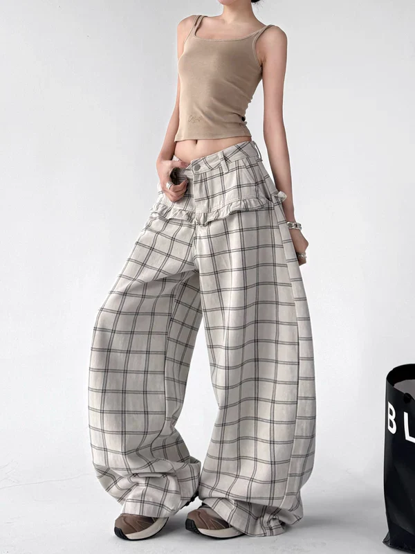 Plaid Wide Leg Patchwork Casual Pants - Image 2
