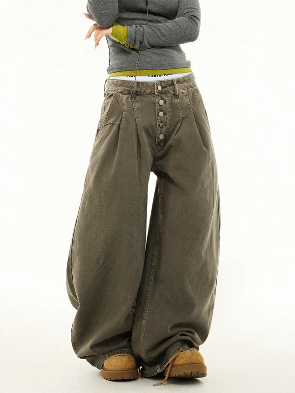 Pleated Button Front Wide Leg Work Pants - Image 3