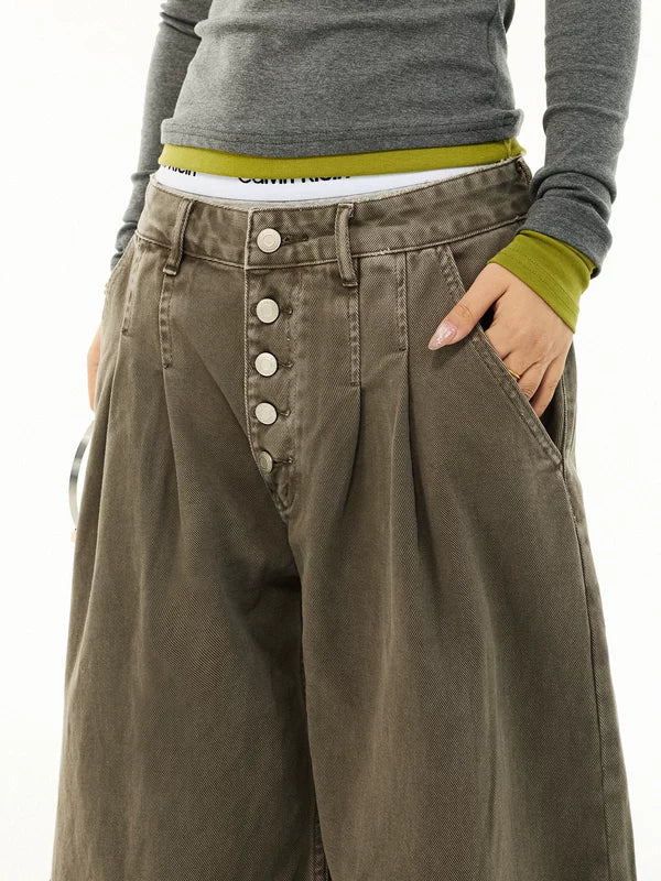 Pleated Button Front Wide Leg Work Pants - Image 5
