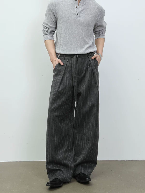 Pleated Pinstripe Wide-Leg Casual Pants