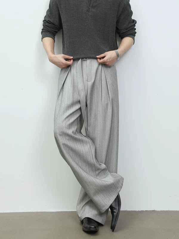 Pleated Pinstripe Wide-Leg Casual Pants - Image 2