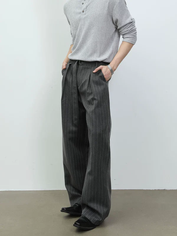 Pleated Pinstripe Wide-Leg Casual Pants - Image 3