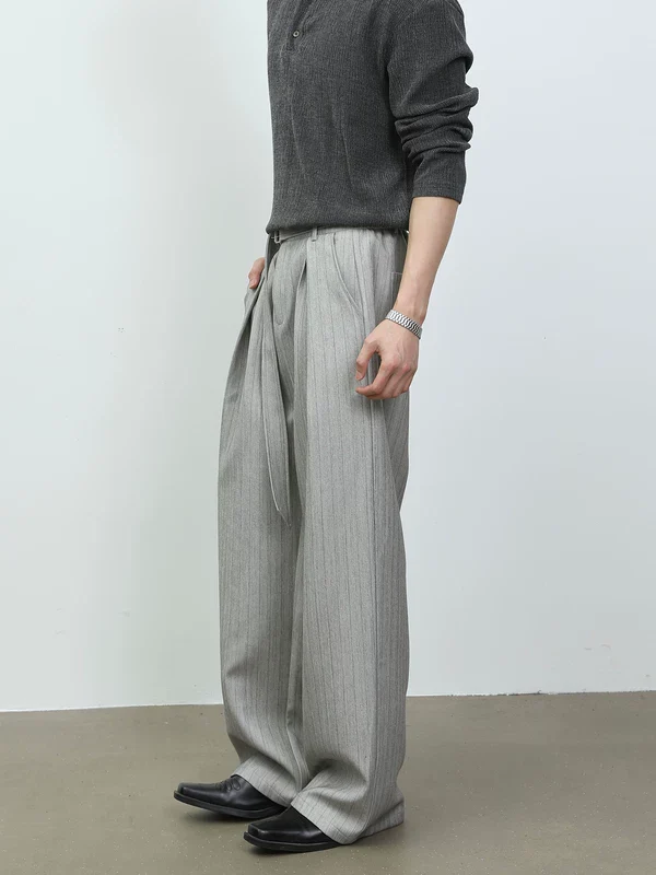 Pleated Pinstripe Wide-Leg Casual Pants - Image 4