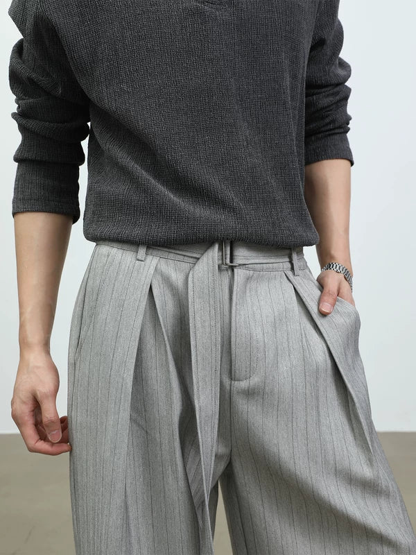 Pleated Pinstripe Wide-Leg Casual Pants - Image 8