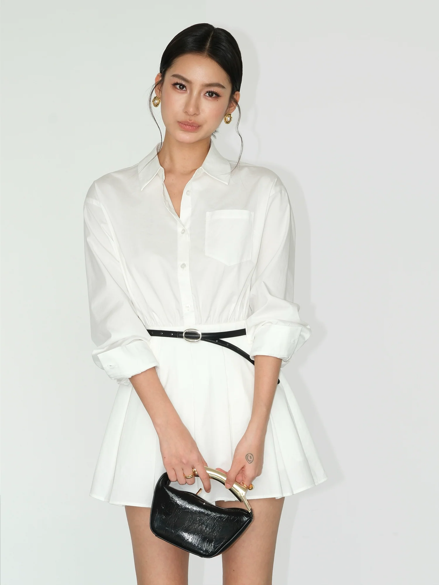 Pleated Shirt Dress with Waist Detail
