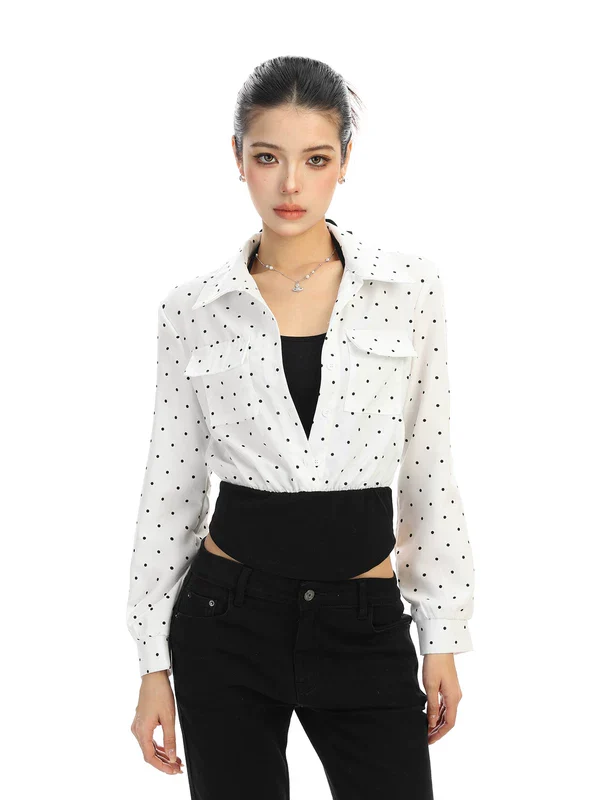 Polka Dot Faux Two-Piece Polo Shirt - Image 5