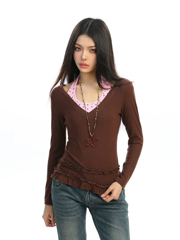 Polka Dot Halter Layered Ruffle Pullover - Image 4