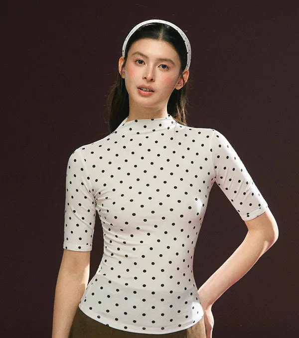 Polka Dot Mock Neck Half Sleeve Top
