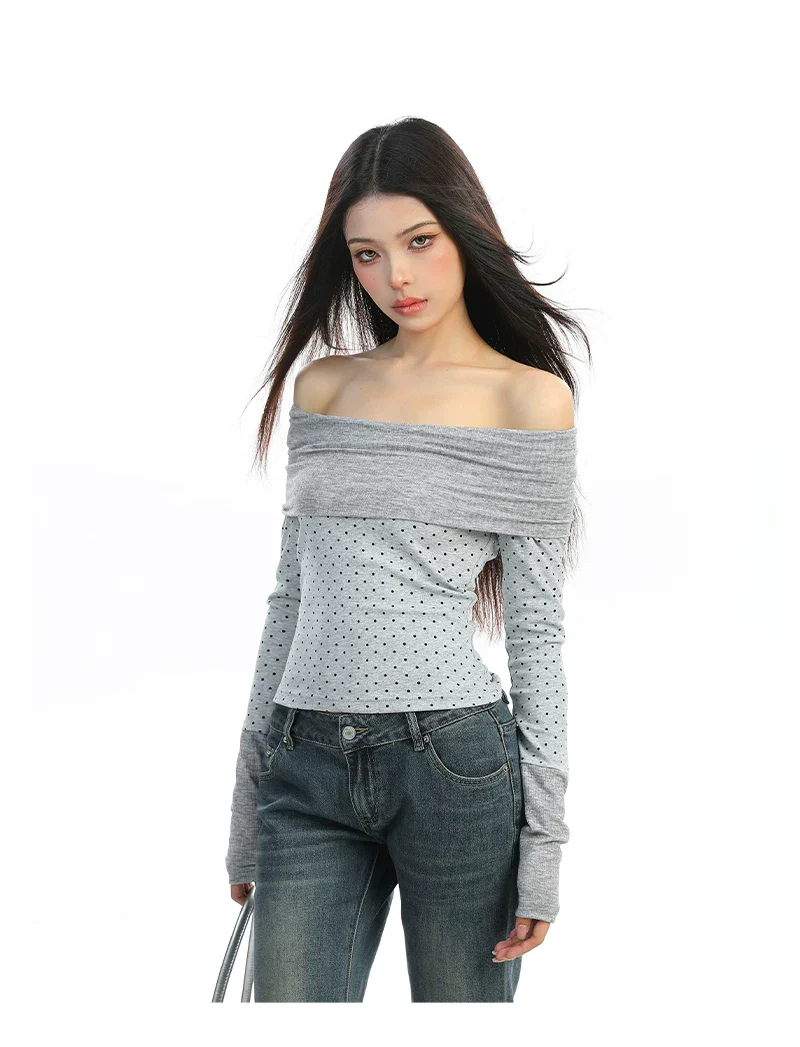 Polka Dot Off-Shoulder Long Sleeve Top - Image 4