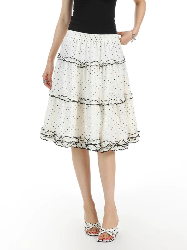 Polka Dot Ruffle A-Line Midi Skirt - Image 3