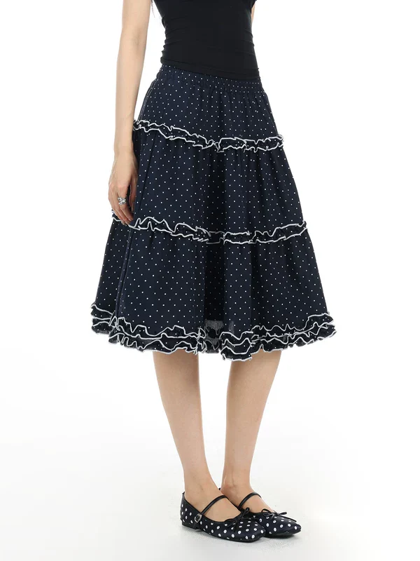 Polka Dot Ruffle A-Line Midi Skirt - Image 4